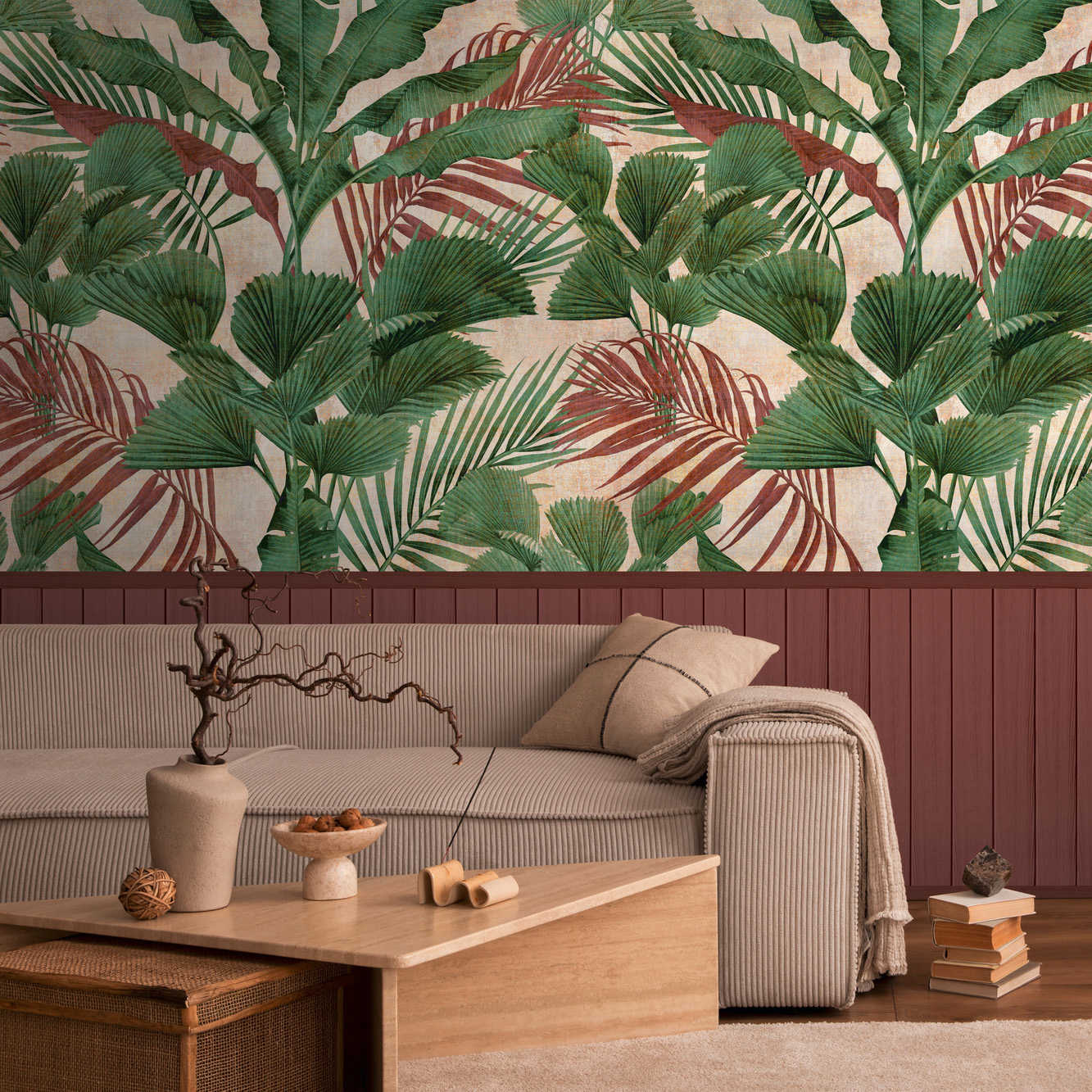 Non-woven motif wallpaper with wood-effect plinth border and jungle pattern - red, green, beige
