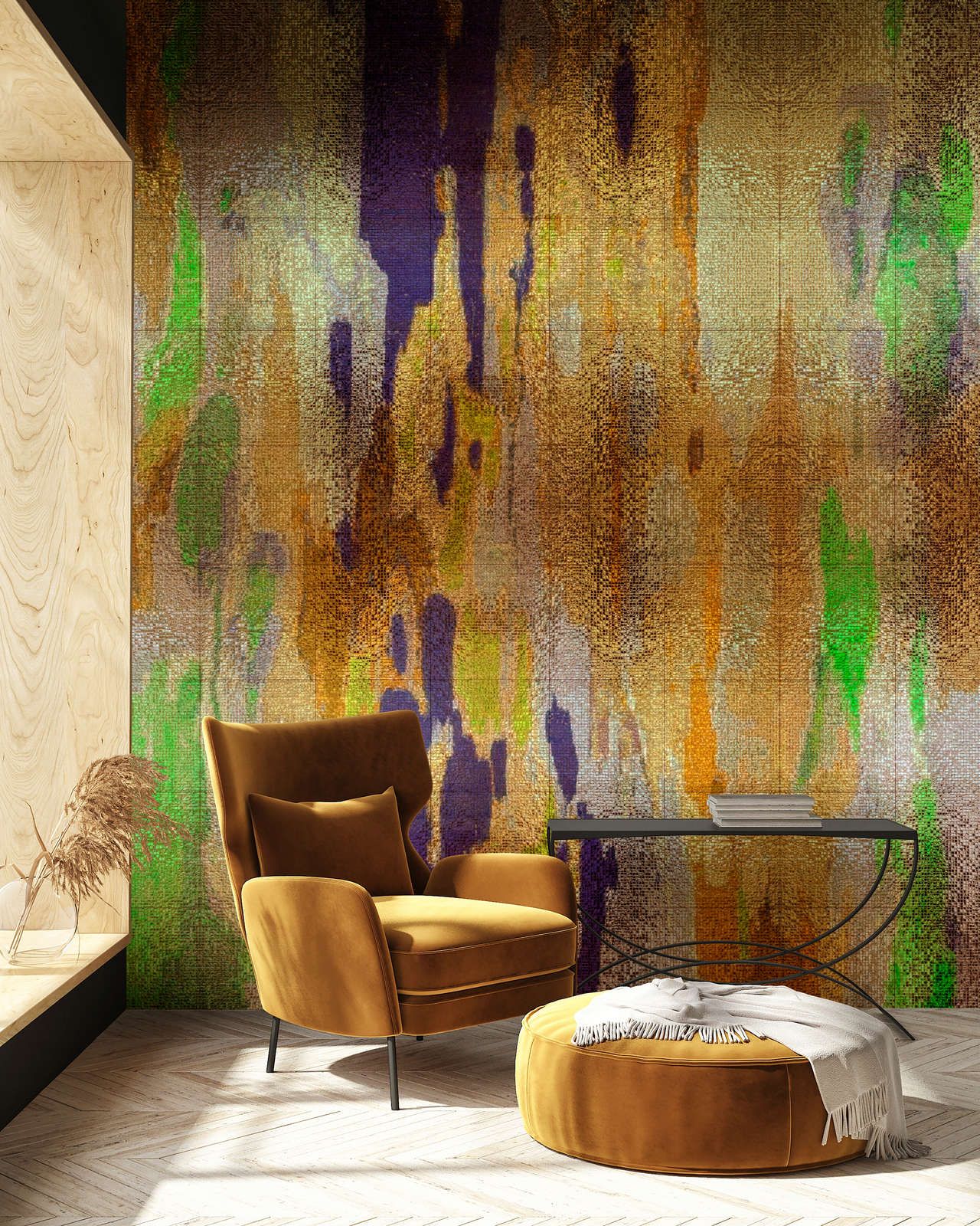             Photo wallpaper »marielle 1« - Colour gradients purple, gold, green with mosaic structure - Smooth, slightly shiny premium non-woven fabric
        