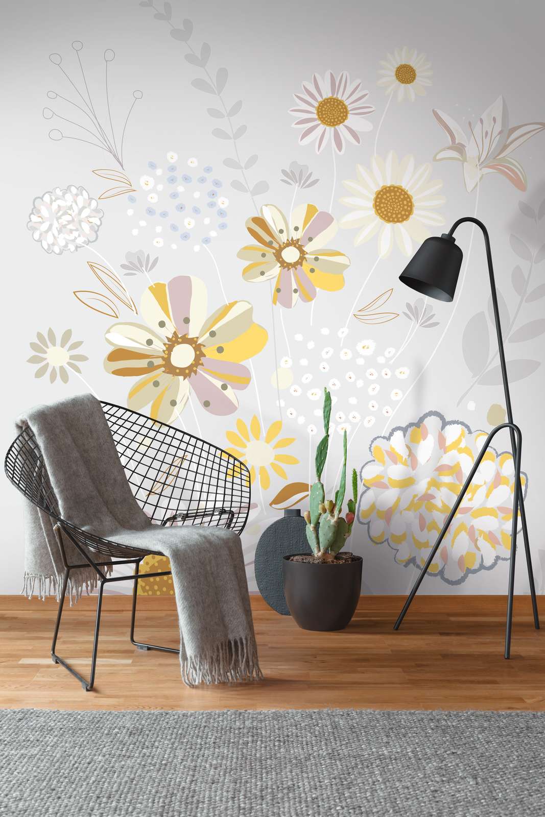             Papel pintado con motivos florales de gramíneas en colores claros - gris, amarillo, beige
        