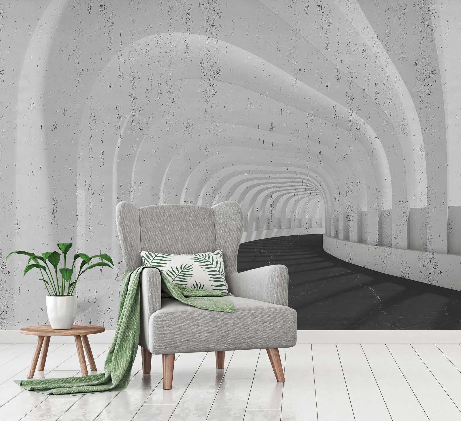             Digital behang 3D Betonnen tunnel met bogen - Grijs, Zwart
        