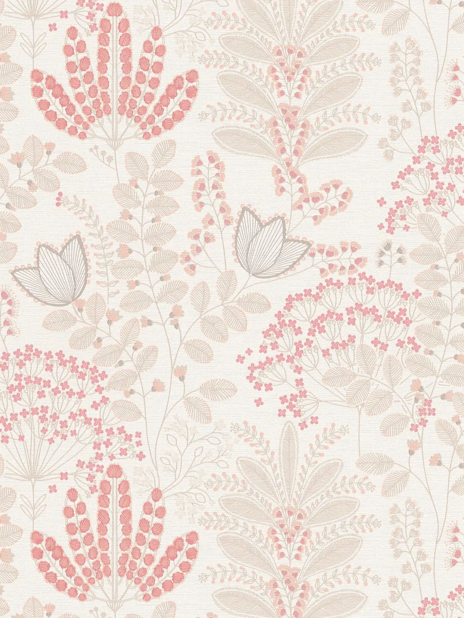 Papel pintado floral con hojas en diseño retro ligeramente texturizado, mate - blanco, topo, rosa
