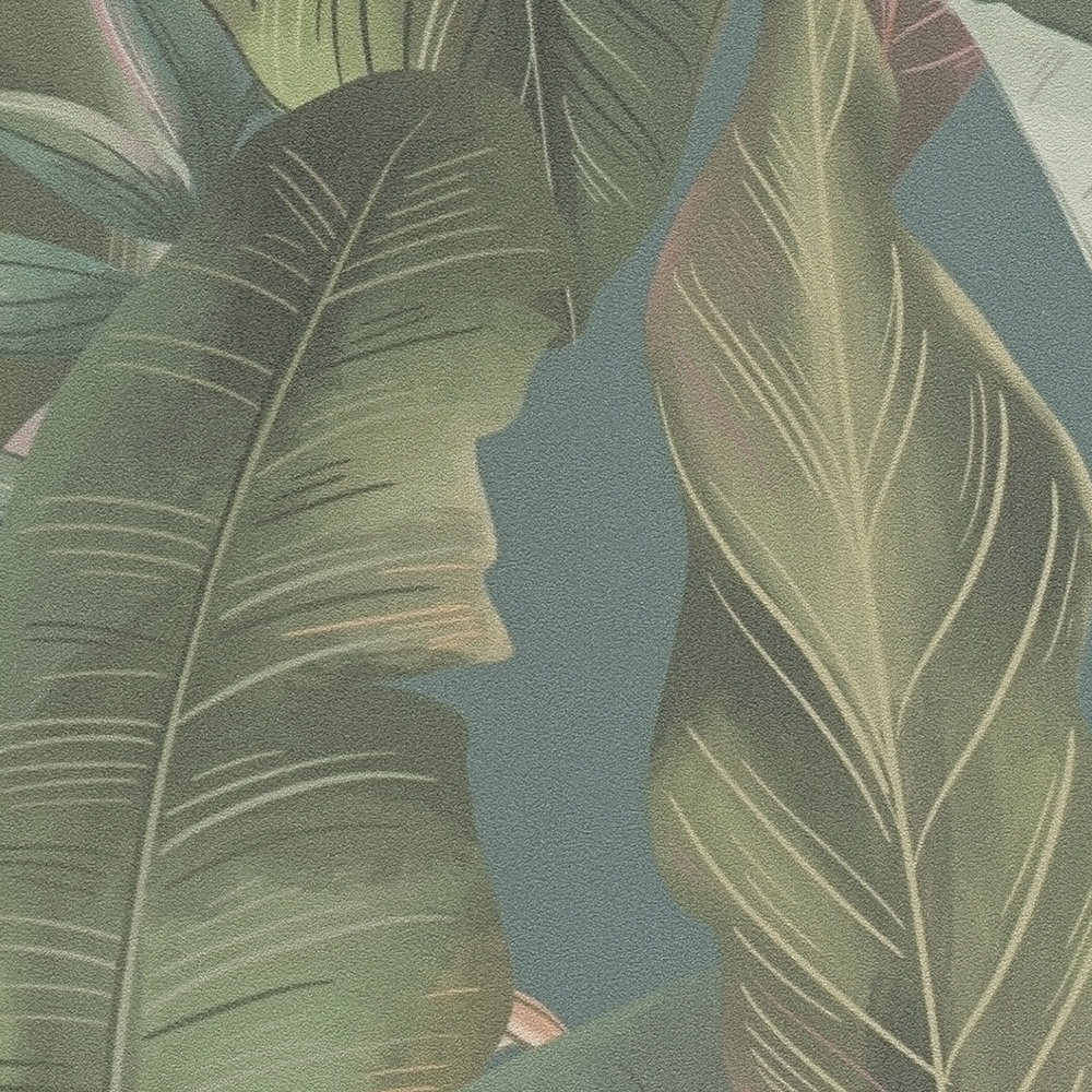             Jungle behang gebloemd met palmbladeren & bloemen mat gestructureerd - blauw, petrol, groen
        