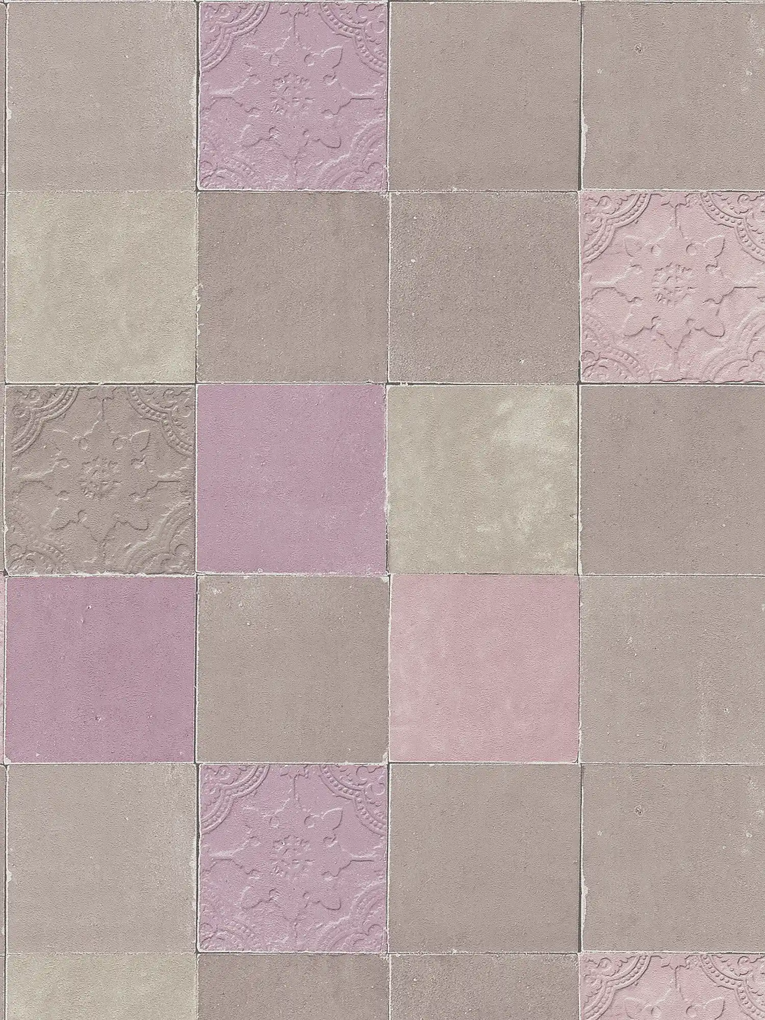 Oriental tile wallpaper - grey, purple, beige
