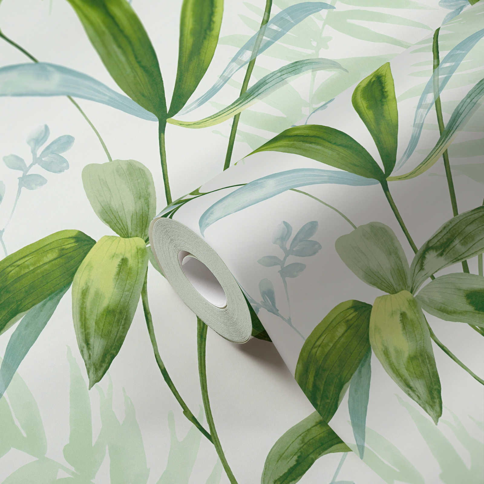             Non-woven wallpaper green leaves in watercolour style - green, white
        