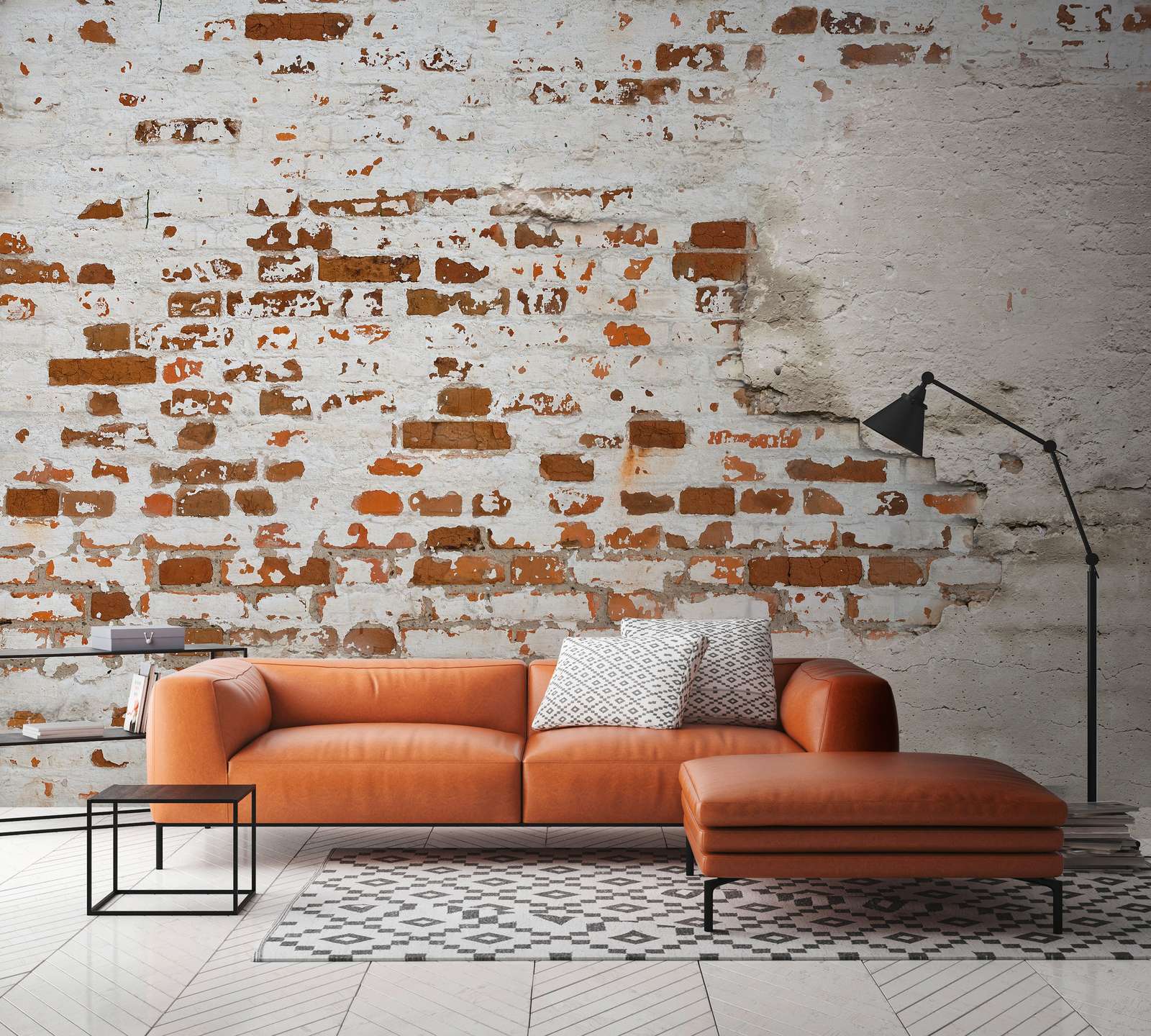             Papier peint panoramique Mur de briques crépi en 3D style industriel - marron, gris
        