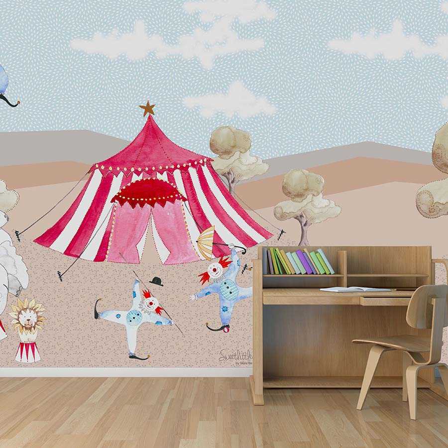Papier peint panoramique enfants dessin chapiteau de cirque avec artistes sur nacre intissé lisse
