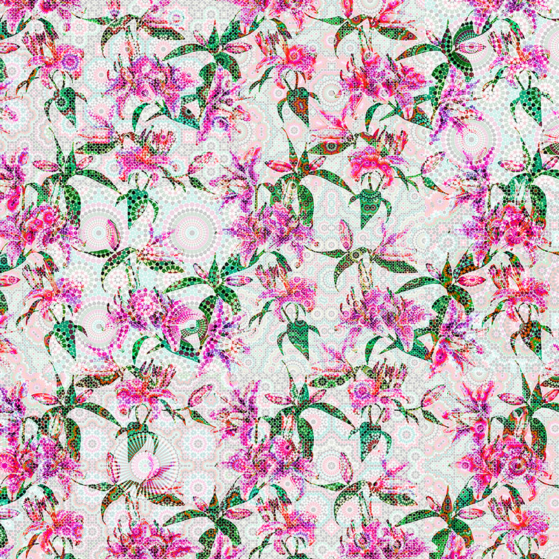 Photo wallpaper lilies with colourful mosaic design - pink, green
