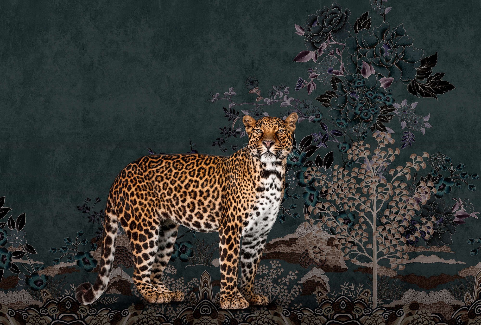             Photo wallpaper »rani« - Abstract jungle motif with leopard - Smooth, slightly shiny premium non-woven fabric
        