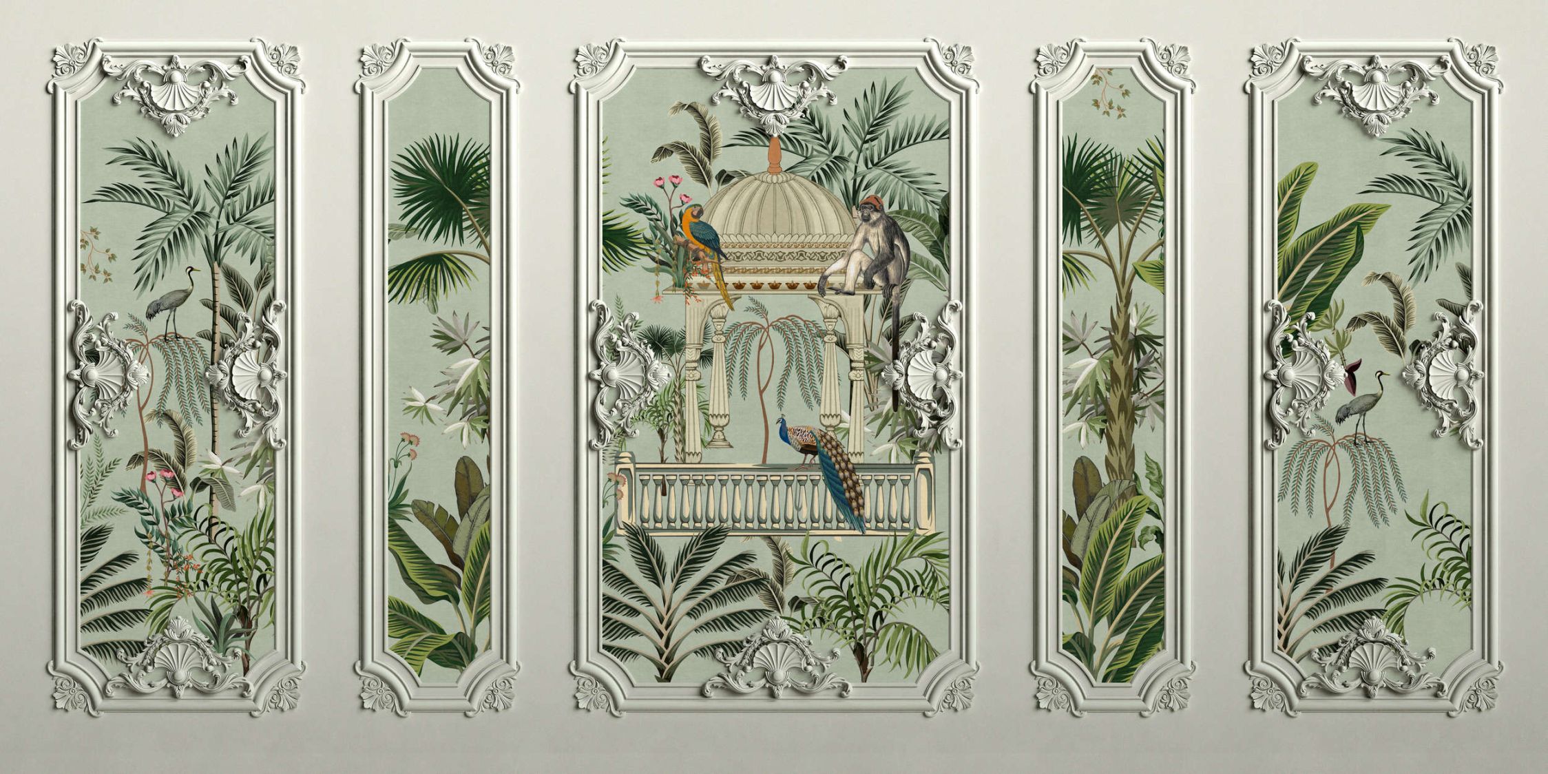             Photo wallpaper »darjeeling« - Stucco frame look with birds & palm trees with linen texture in the background - Smooth, slightly shiny premium non-woven fabric
        