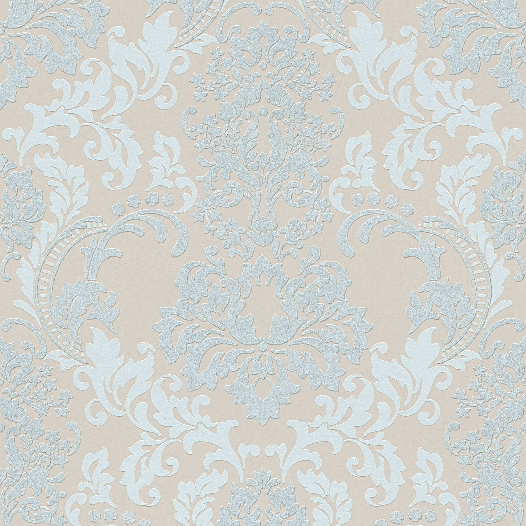 Baroque wallpaper with glitter effect - blue, beige
