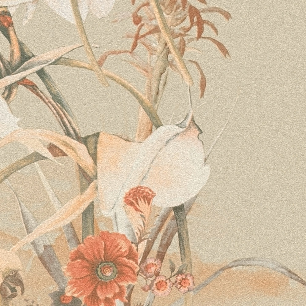             Papier peint design tropical, perroquet & fleurs exotiques - beige, marron
        