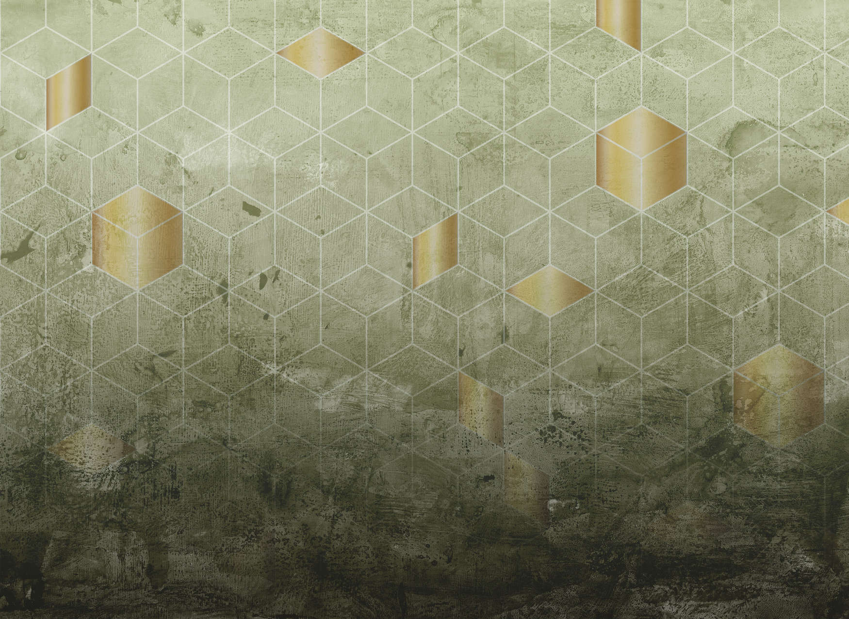             Digital behang vierkant patroon met 3D effect - groen, goud
        