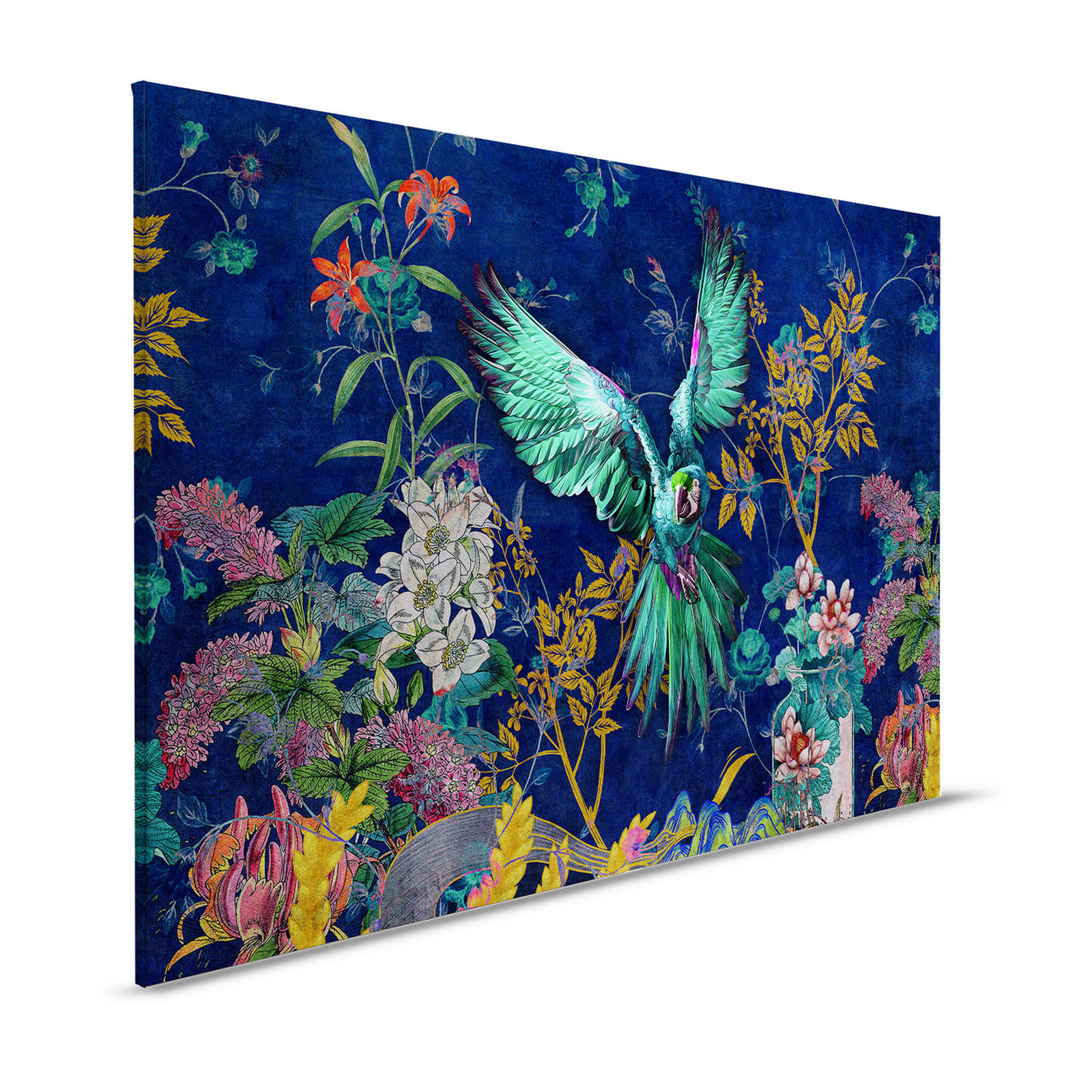 Tropical Hero 1 - Pintura en lienzo Flores y Loro colores intensos - 1,20 m x 0,80 m
