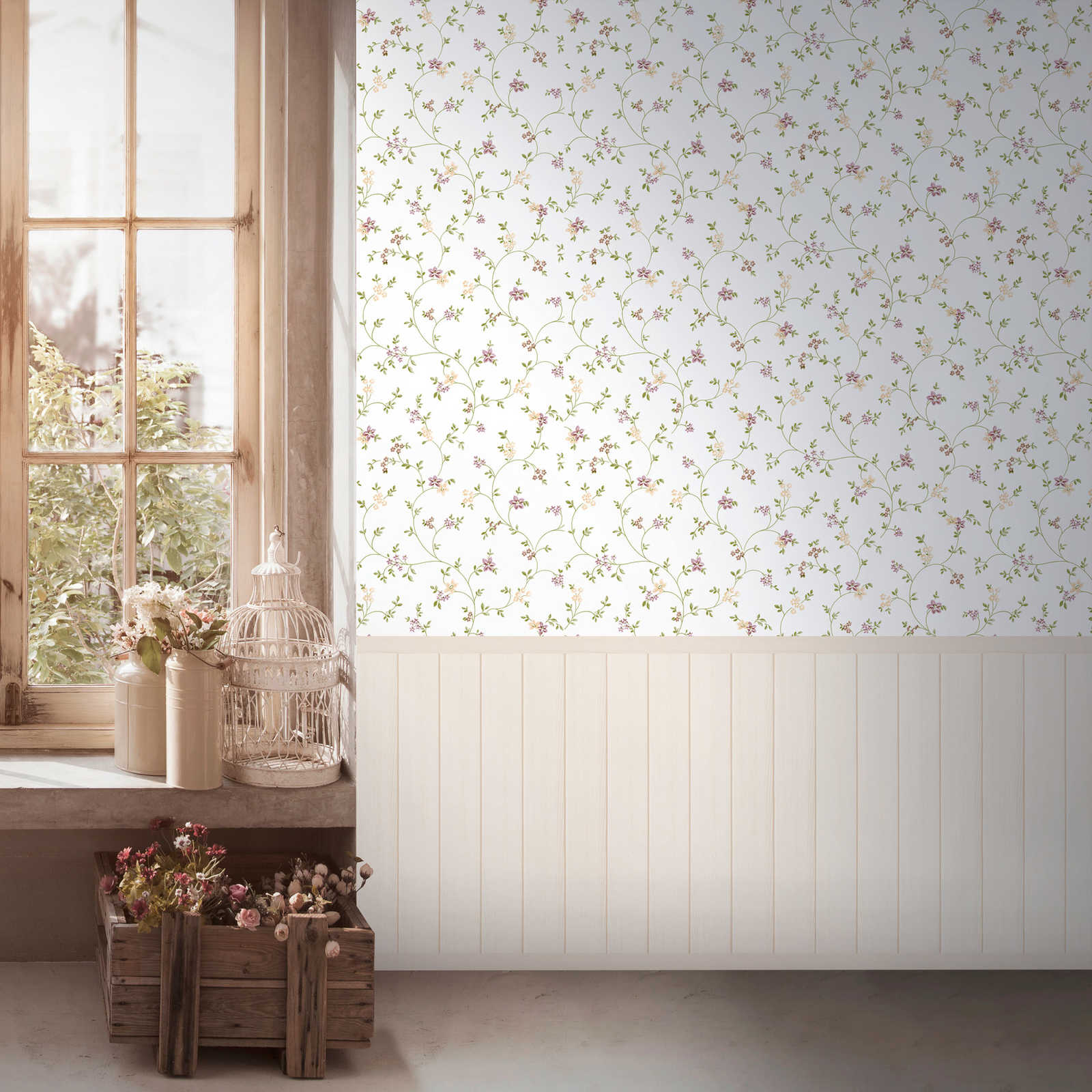 Non-woven motif wallpaper with wood-effect plinth border and floral pattern - beige, white, pink, green
