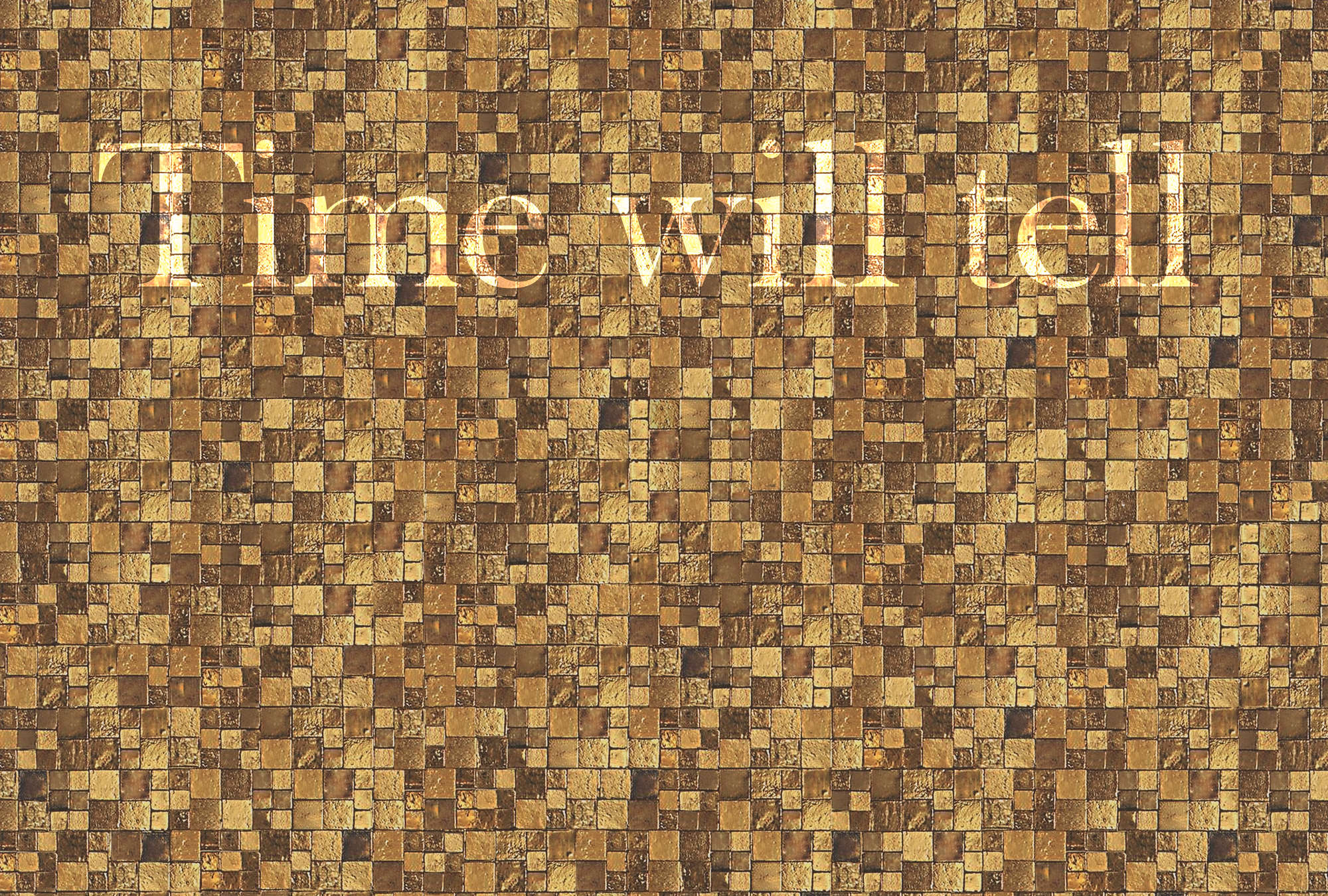            Carta da parati a mosaico con effetto pietra e scritta grafica - Giallo, marrone, bianco
        