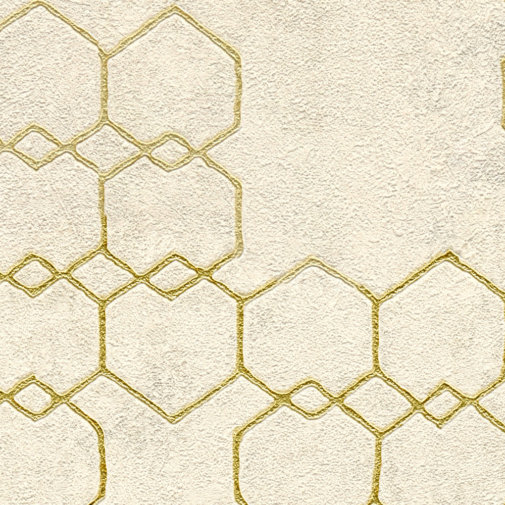             Carta da parati con motivi geometrici in stile industriale - crema, oro, grigio
        