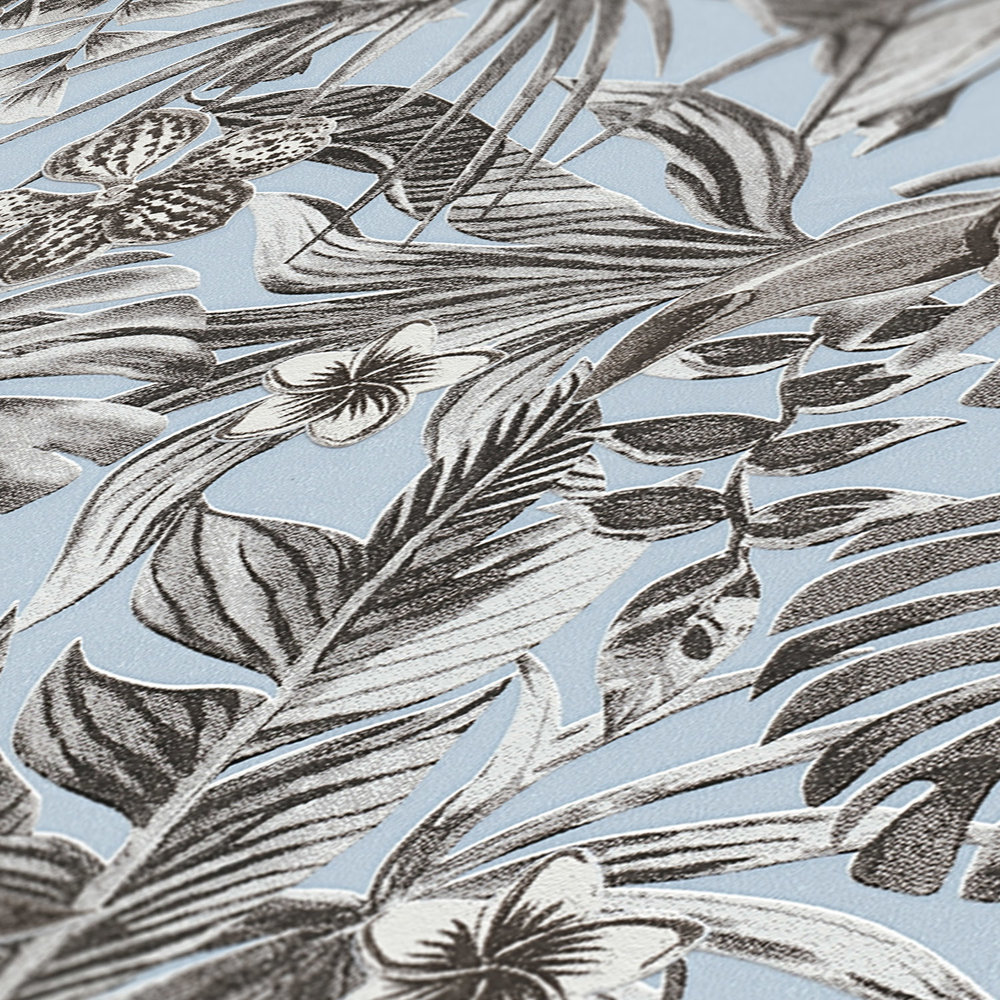             Exotic wallpaper tropical birds, flowers & leaves - grey, blue, white
        