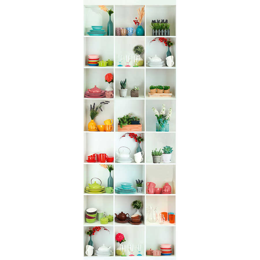 Modern wall mural shelf with dishes and plants on mother of pearl smooth nonwoven
