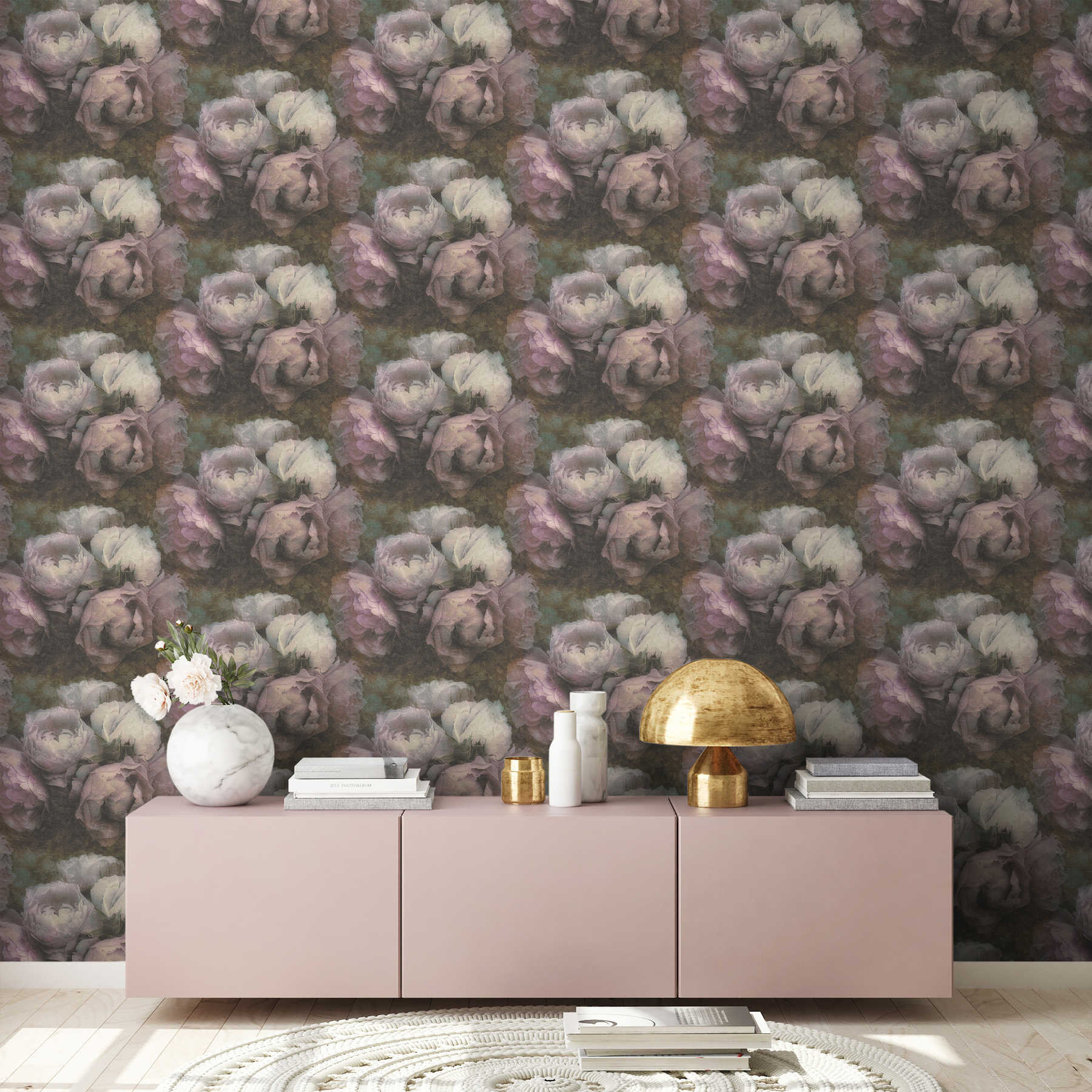            Vintage style wallpaper peonies - purple, grey, white
        