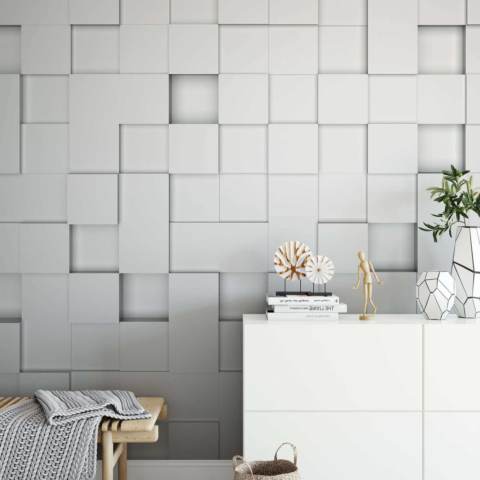            Photo wallpaper 3D cube pattern in portrait format - white, grey
        
