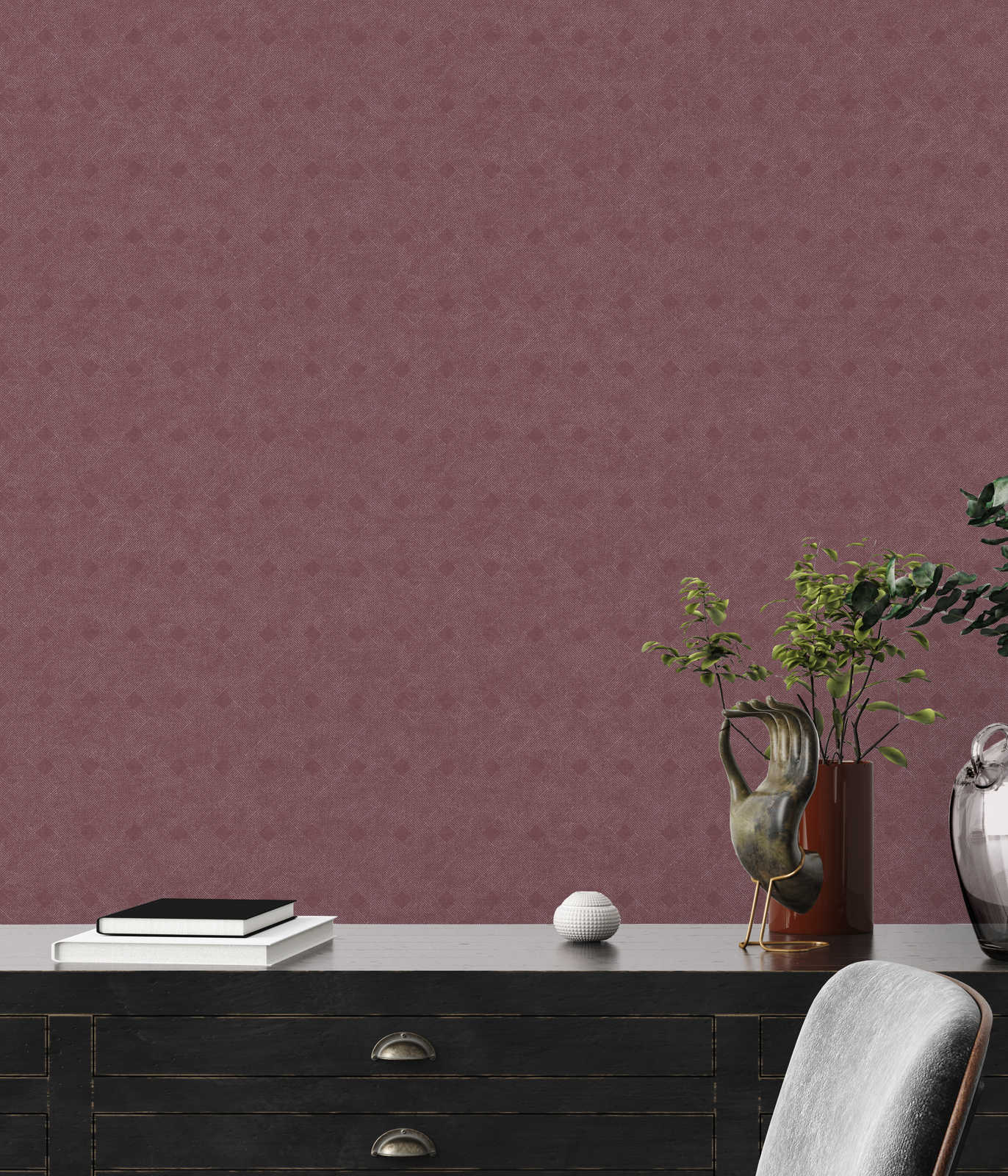             Wine red wallpaper with golden lines pattern in used look - metallic, red
        