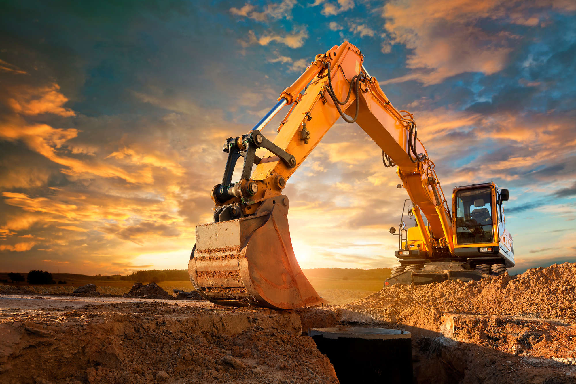             Construction sites photo wallpaper excavator at sunset on mother of pearl smooth fleece
        