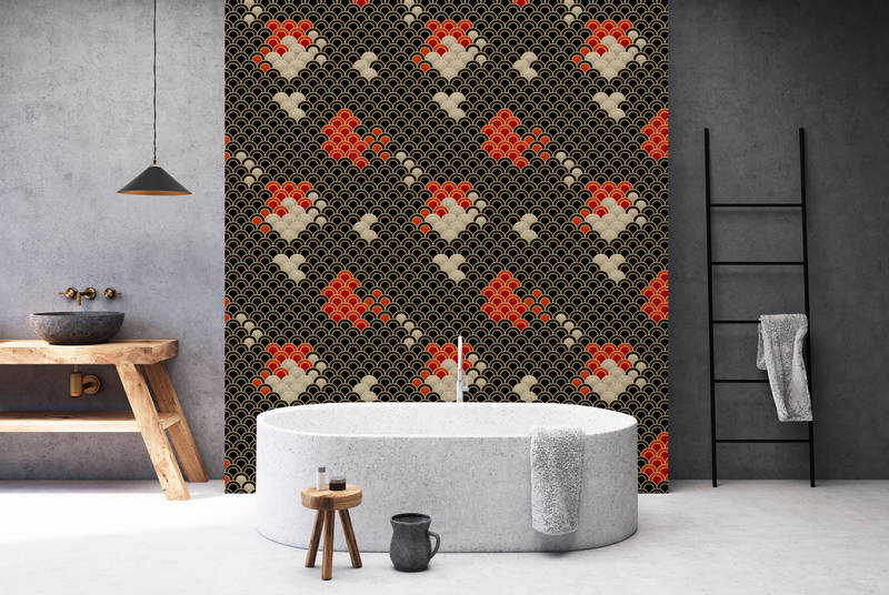             Koi 1 - Dark Koi Pond Wallpaper - Cardboard Structure - Beige, Red | Premium Smooth Non-woven
        