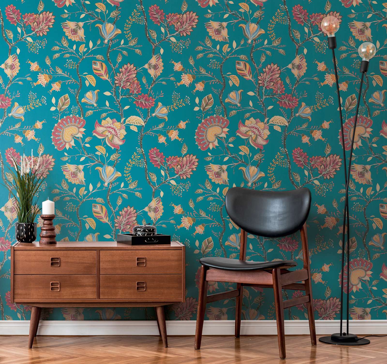             Non-woven wallpaper with floral colourful pattern - blue, yellow, red
        