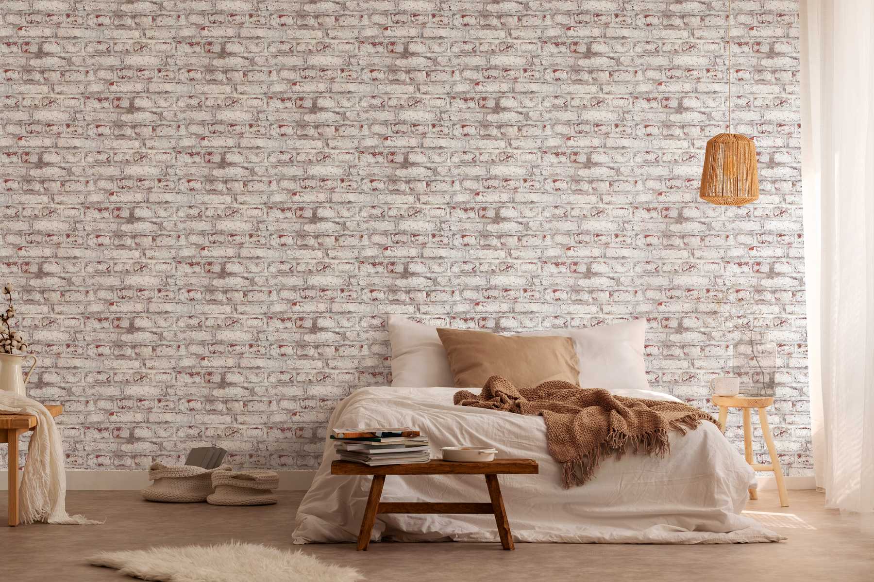             Papier peint maçonnerie avec mur de briques rustique blanchi - blanc, marron, gris
        