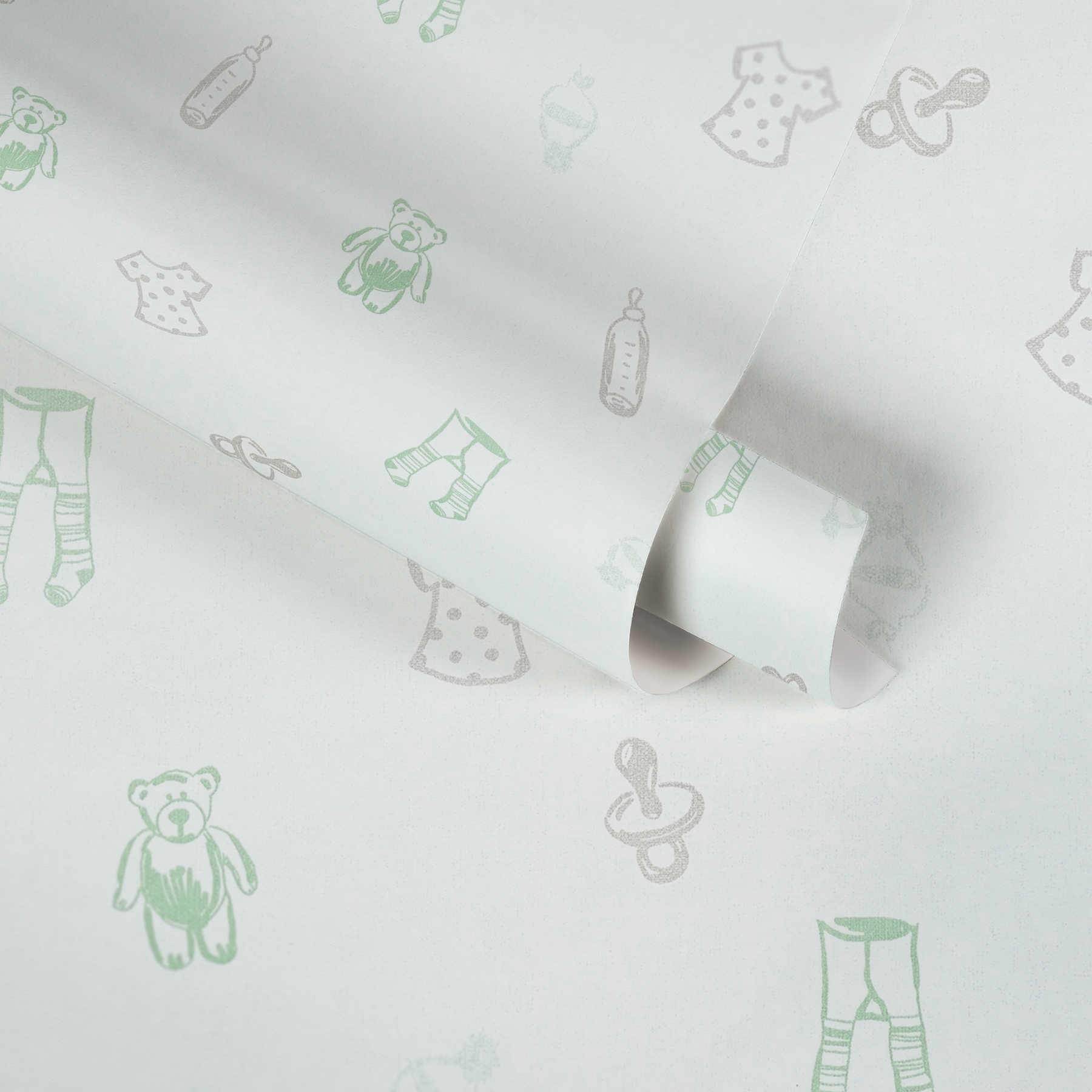             Adorable papier peint pour chambre de bébé avec motif enfant - blanc, vert
        