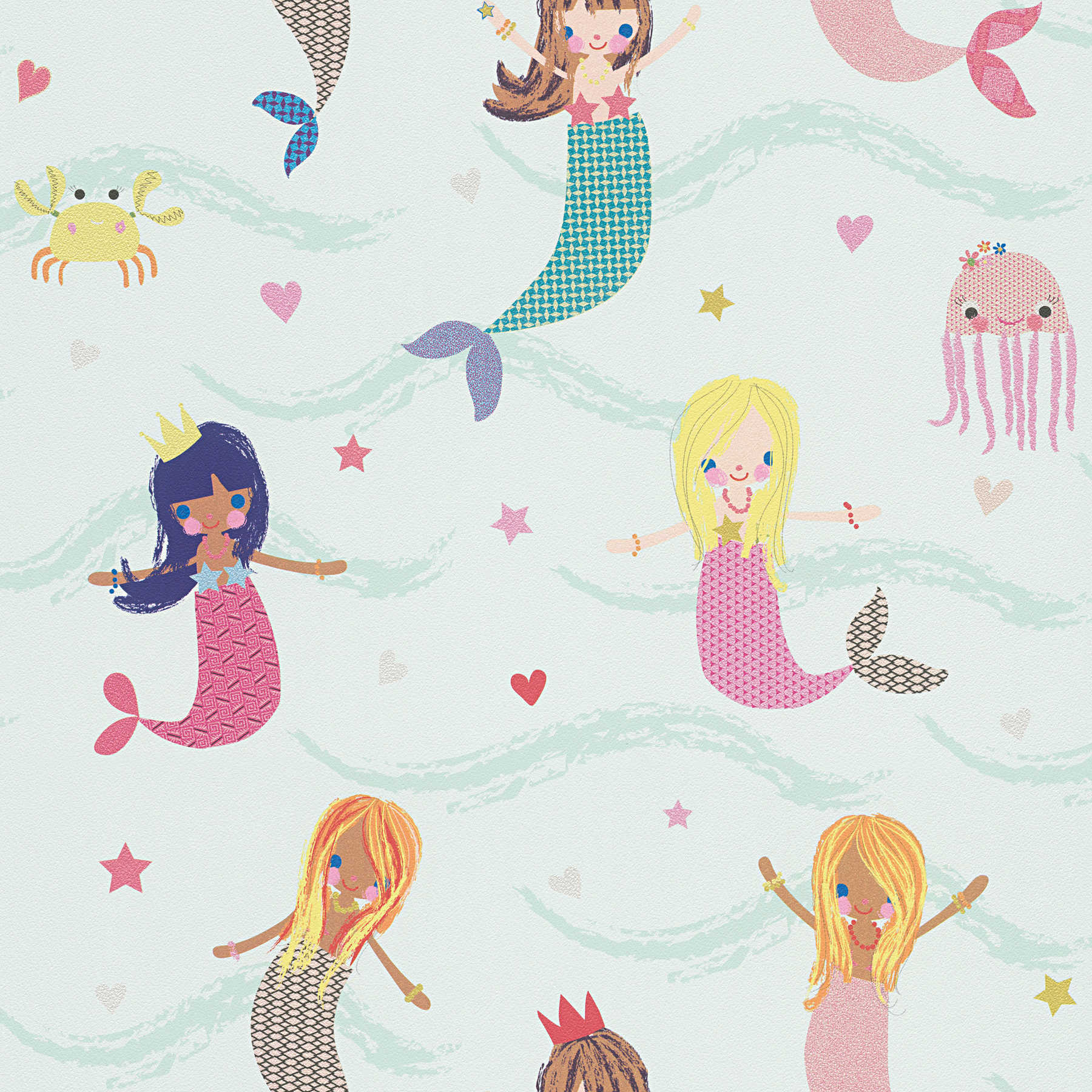 Children wallpaper mermaid, fanciful design - colourful, pink, green
