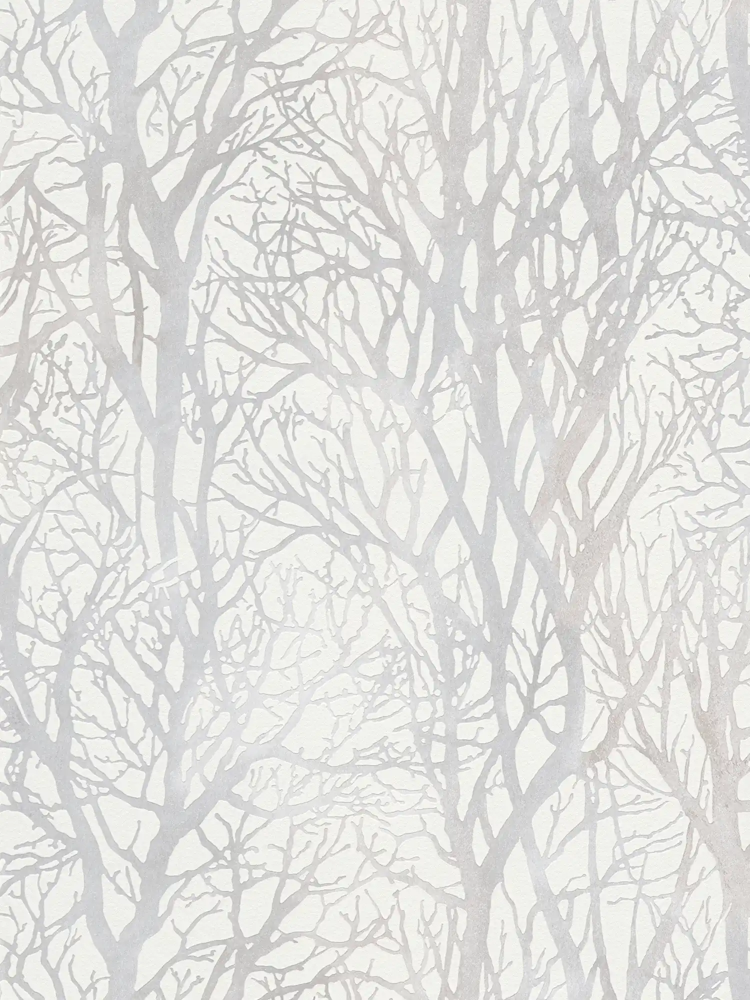 Papier peint gris argenté avec motif de branches et effet métallique - blanc, argenté
