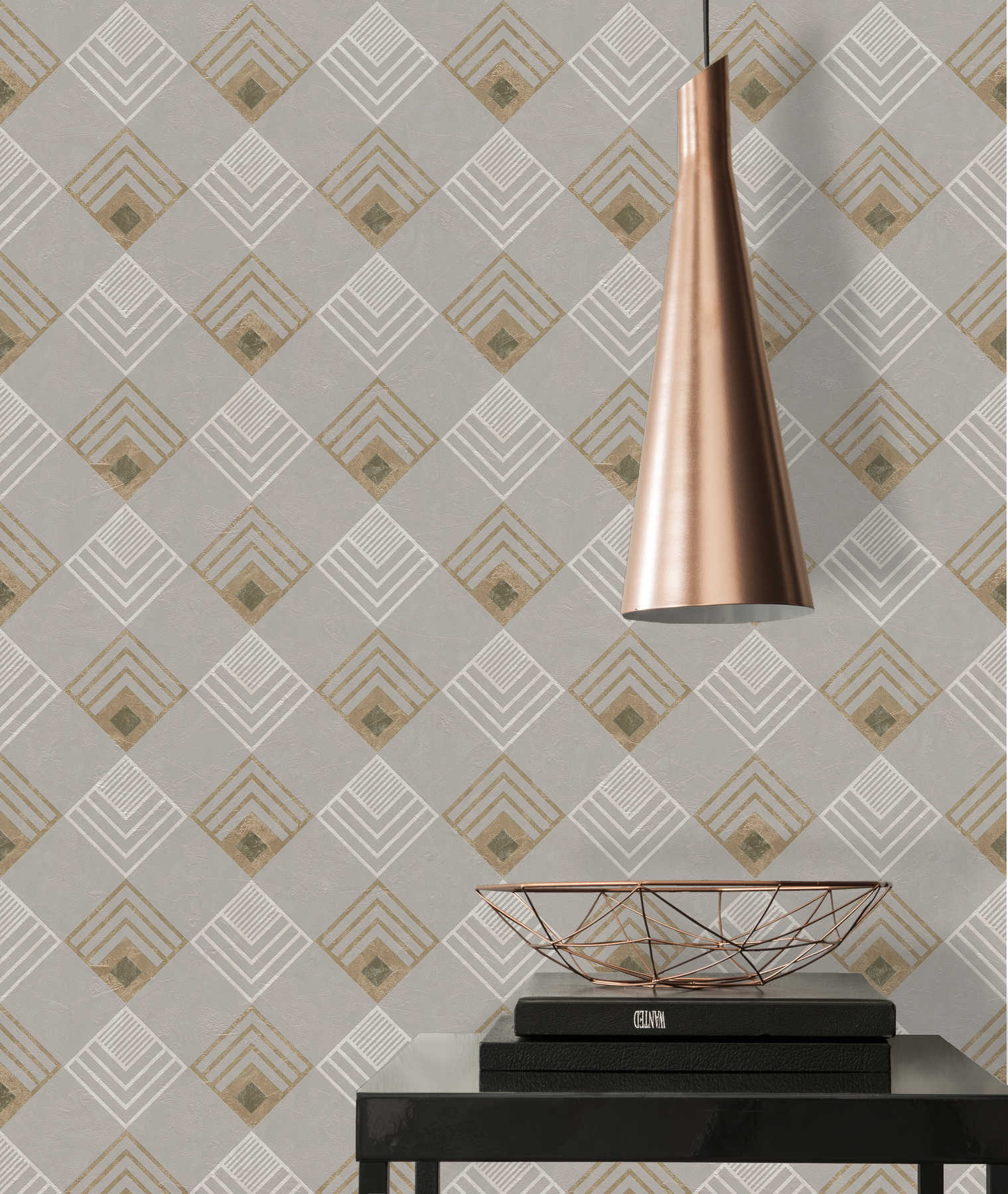             Vliesbehang Art Deco patroon, metallic effect - grijs, beige, wit
        