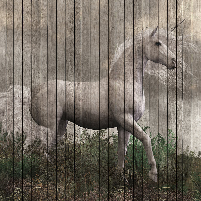 Fantasy 3 - Unicorn Wallpaper with Wooden Board Optics - Beige, Brown | Matt Smooth Non-woven
