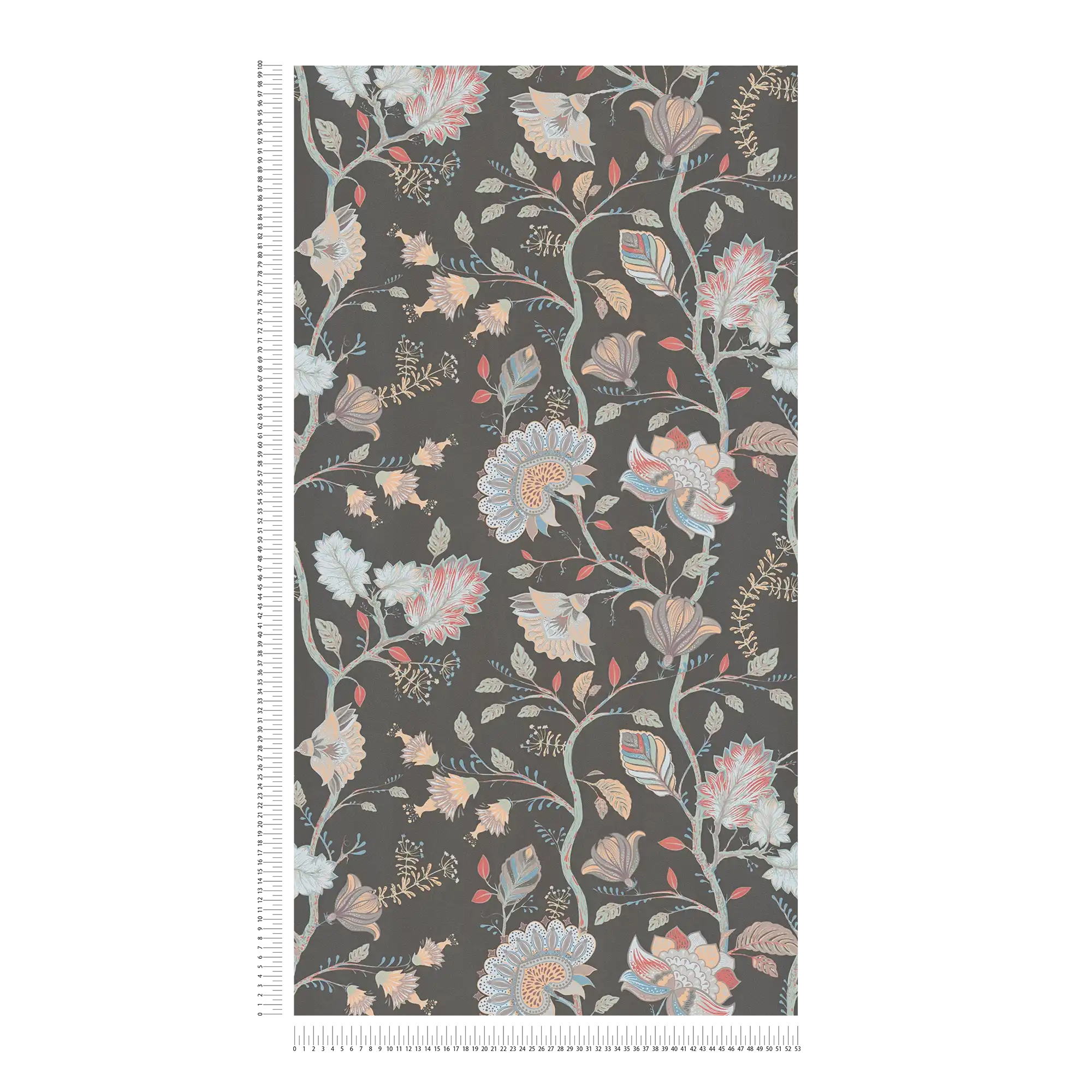             Floral non-woven wallpaper with muted colours - red, green, black
        