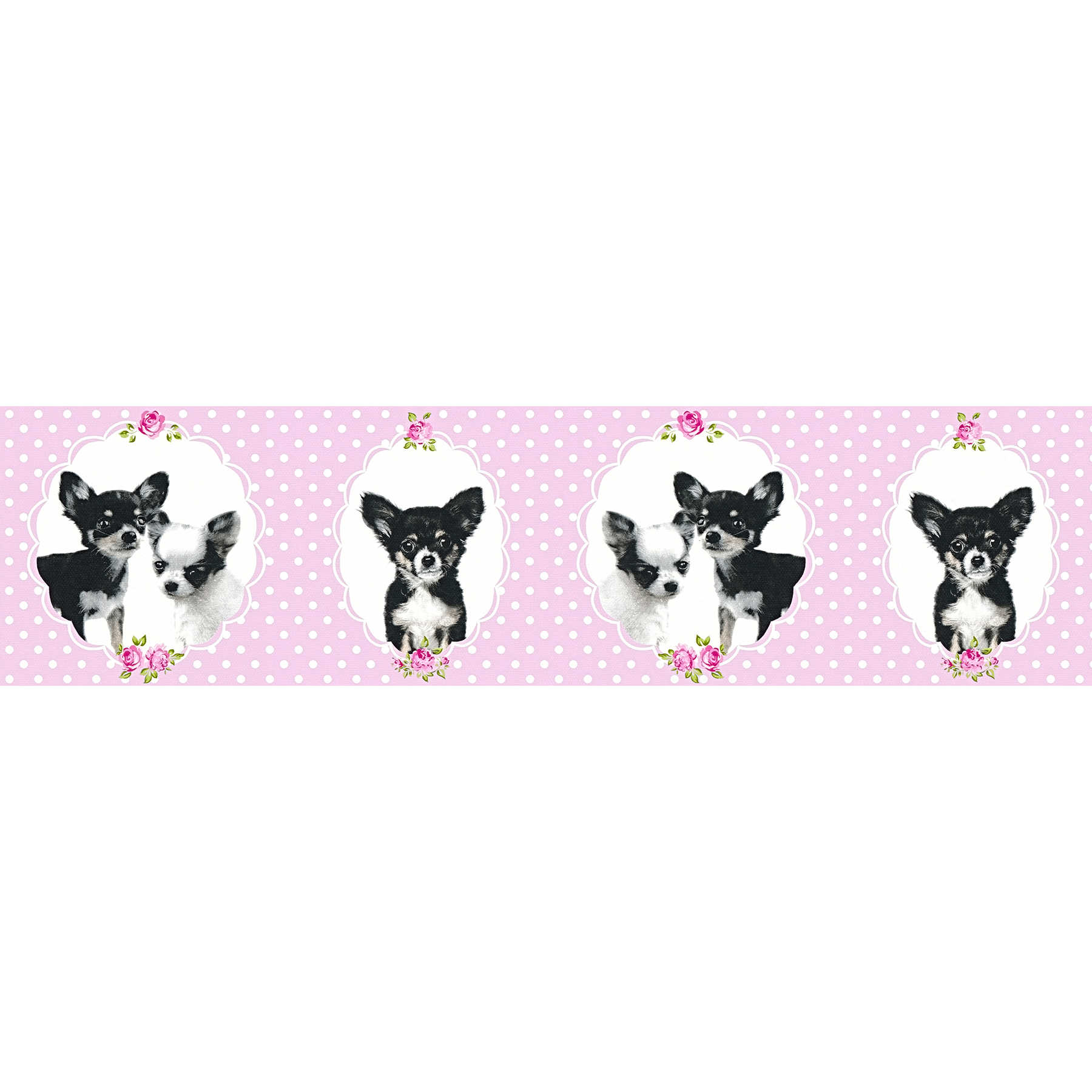 Behang rand hond puppies & stippen patroon - Roze
