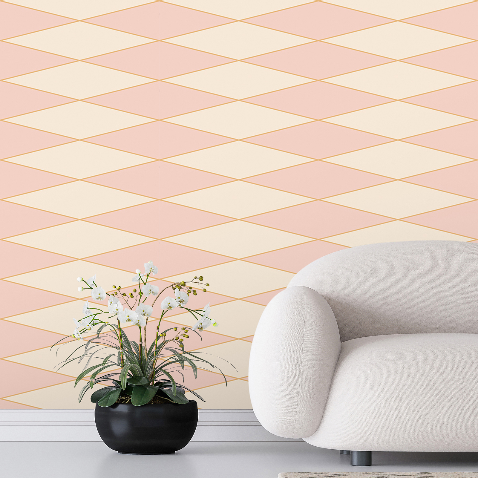 Retro 70s stijl diamant muurschildering - roze, crème, oranje | structuur non-woven

