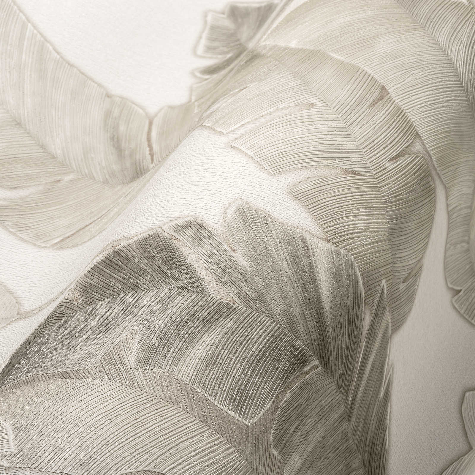             Vliesbehang met subtiele palmbladeren - wit, beige, grijs
        