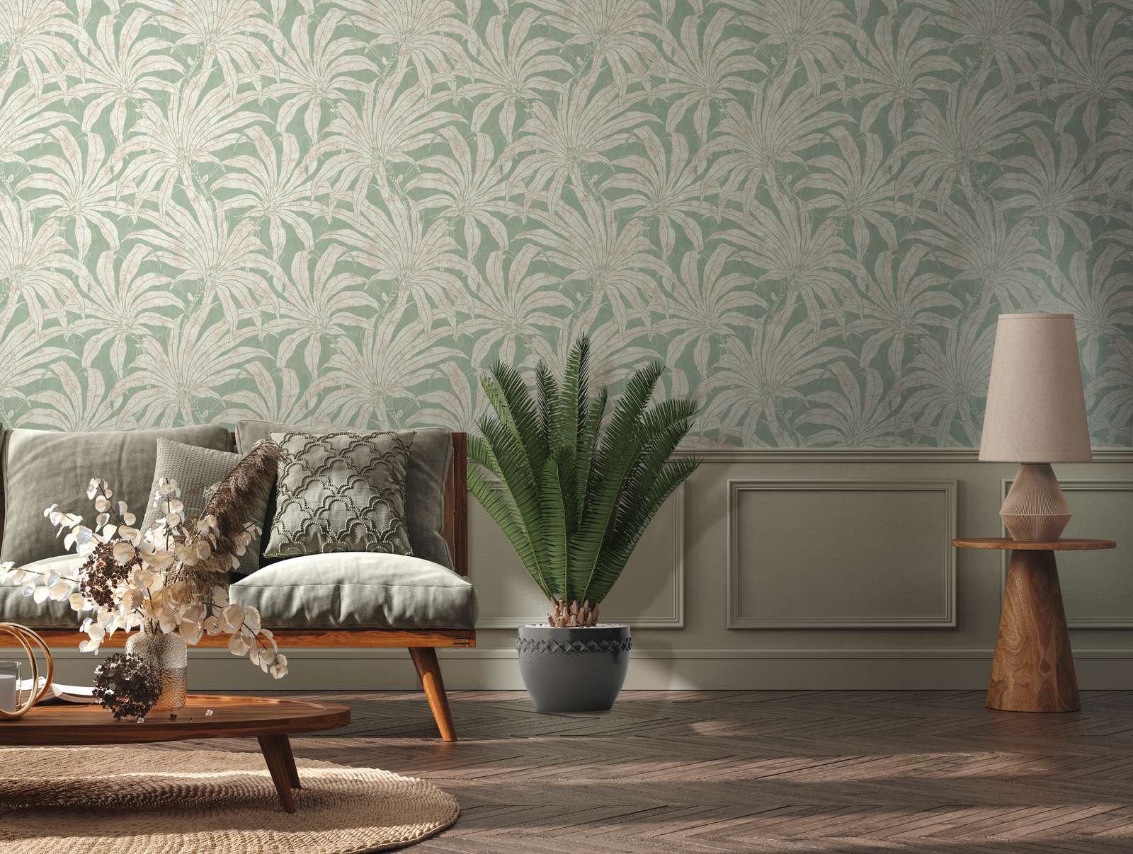             Floral detailed pattern wallpaper with jungle blossom - green, gold, silver
        