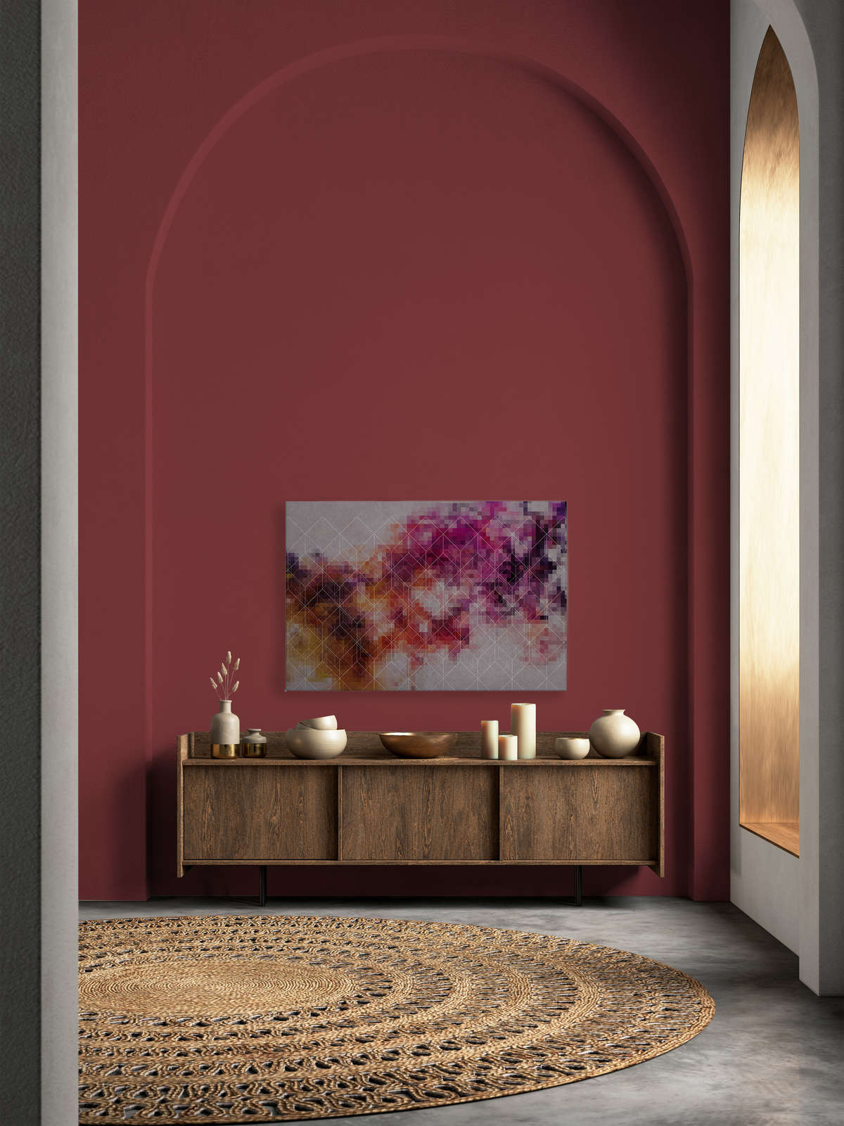             Tableau sur toile Nuages colorés & motifs de lignes | rose, rouge - 1,20 m x 0,80 m
        