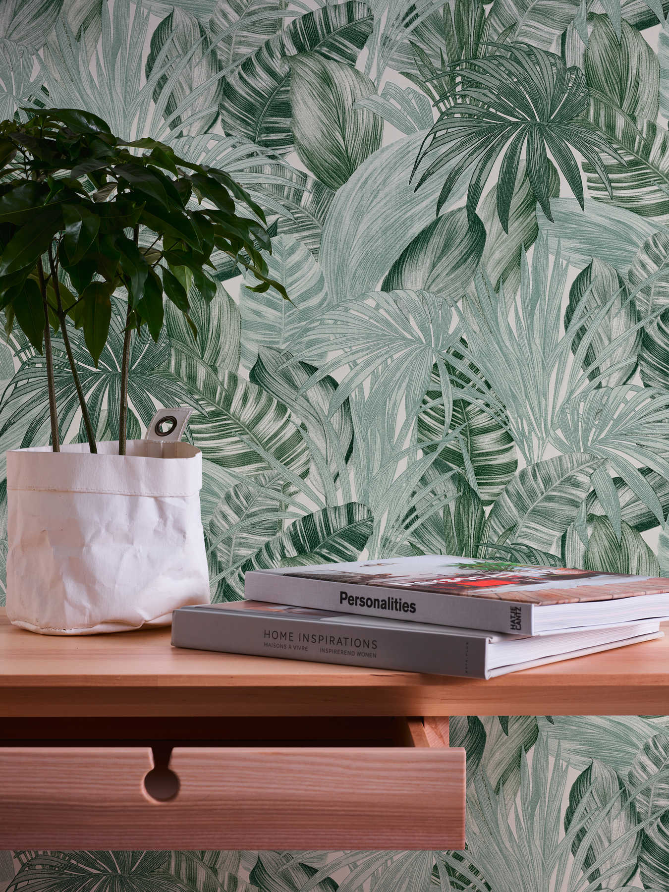             Papier peint à motifs avec feuilles dans le style dessin - vert, blanc
        