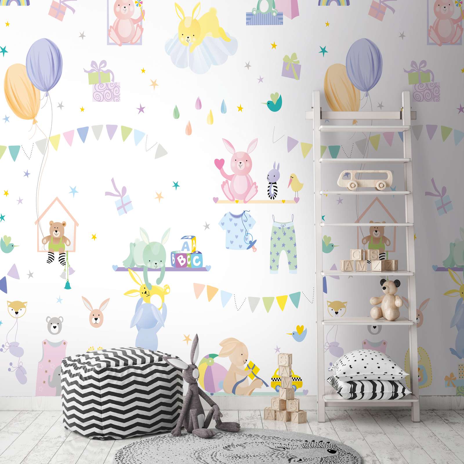             Onderlaag behang met kindermotief met dieren in pastelkleuren - kleurrijk, paars, roze
        