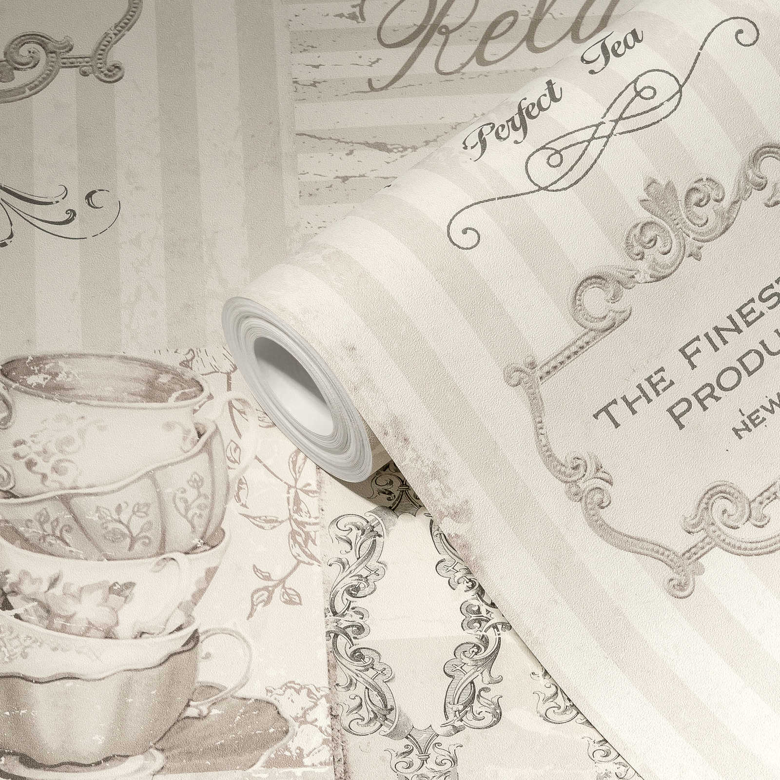             Pattern wallpaper Tea Time collage in country style - grey
        