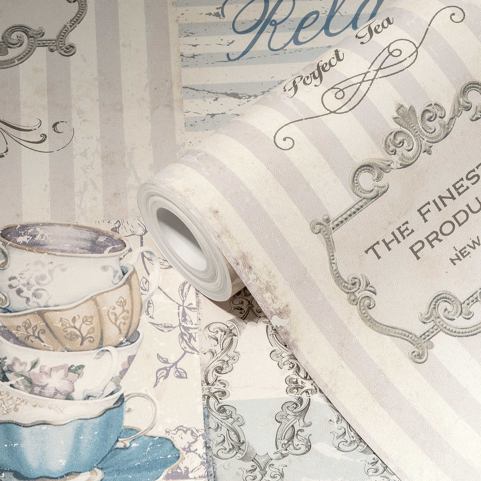             Papier peint Tea Time Collage style cottage - bleu, gris
        