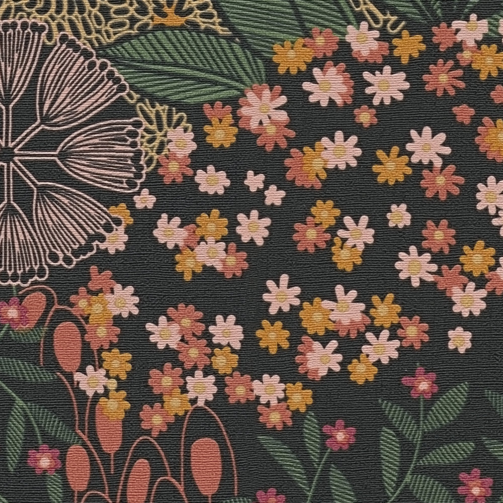             Papel pintado con diseño floral vintage - negro, verde, naranja
        
