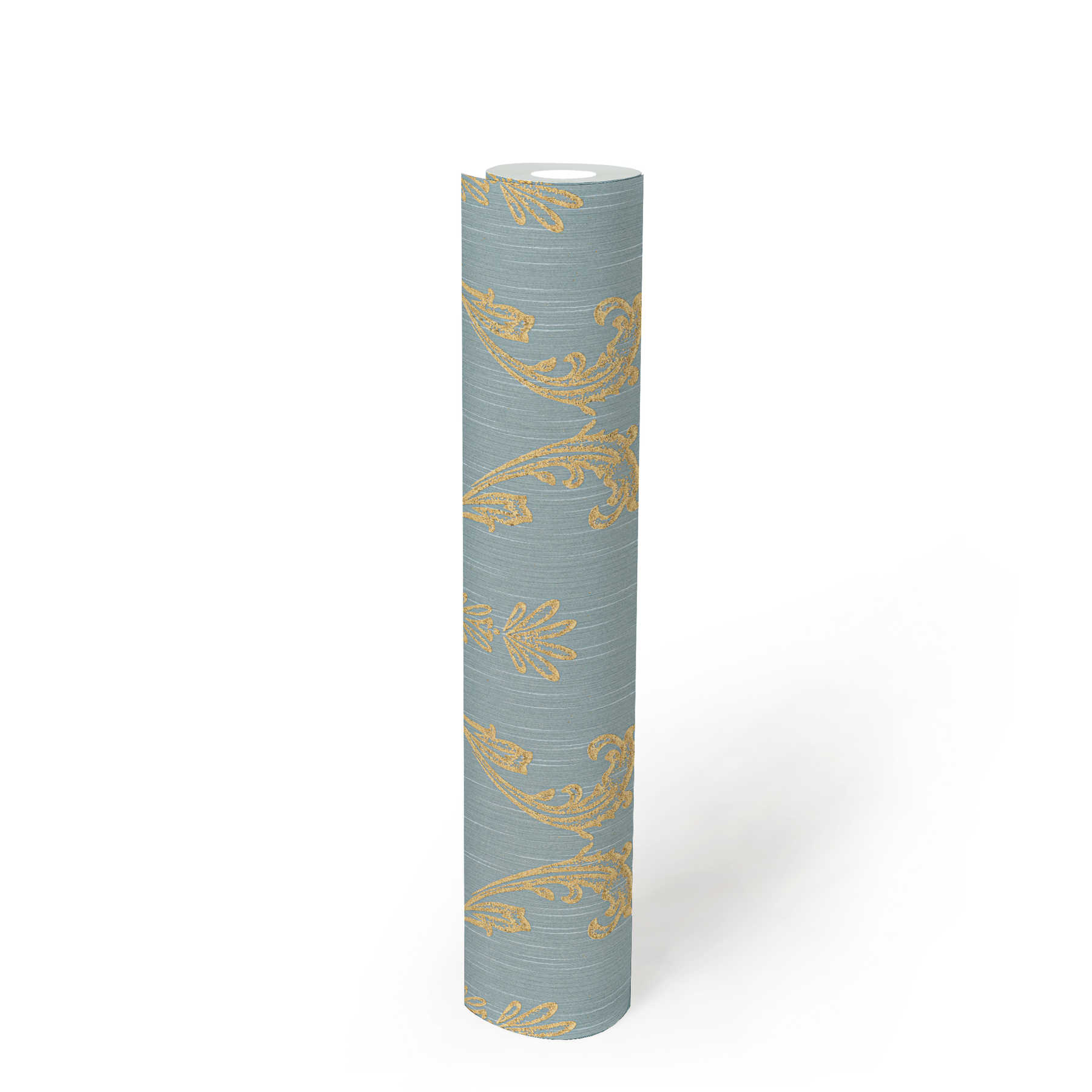             Ornamental wallpaper with floral elements in gold - gold, blue, green
        