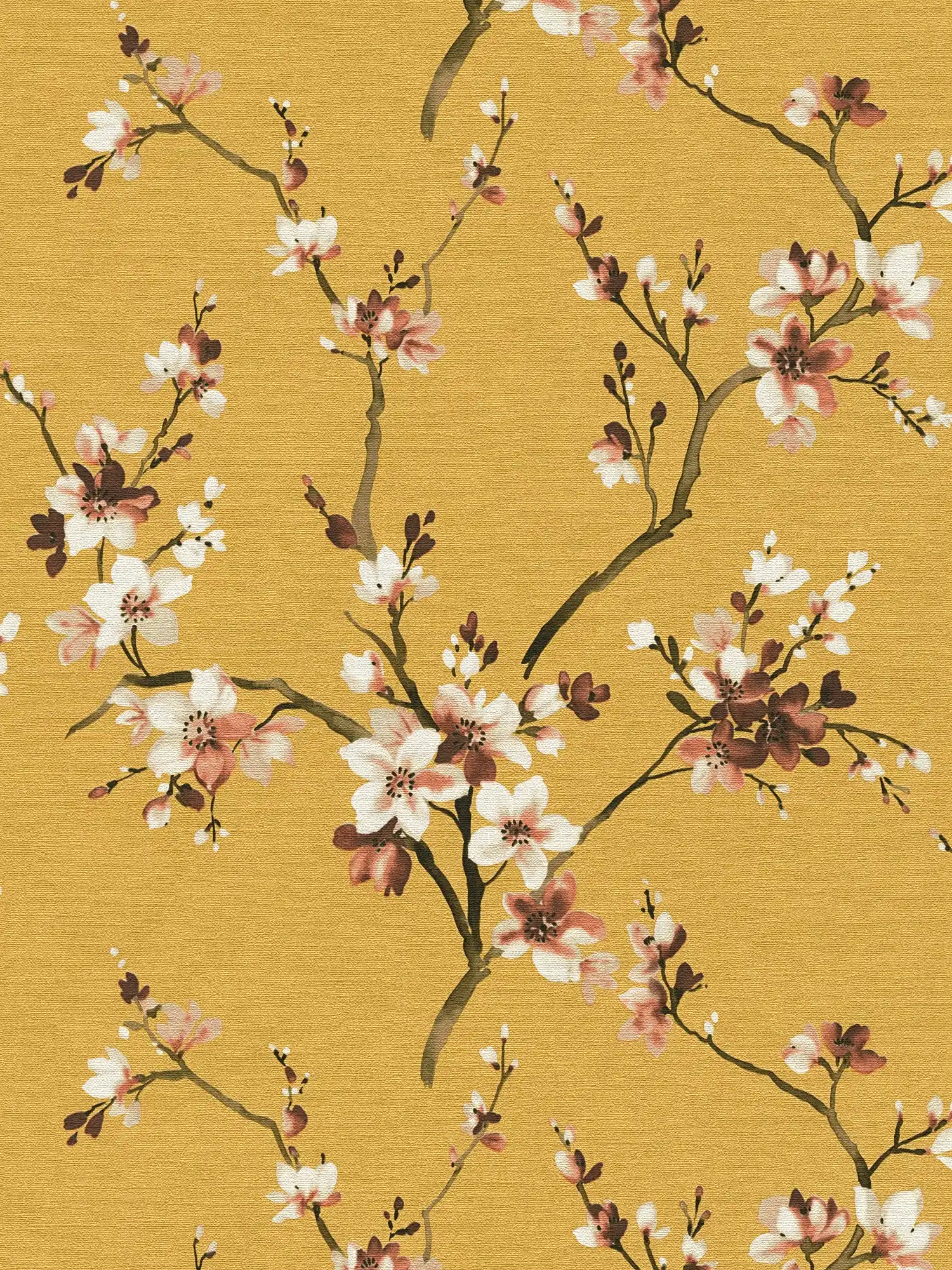 Floral wallpaper mustard yellow with flower branches
