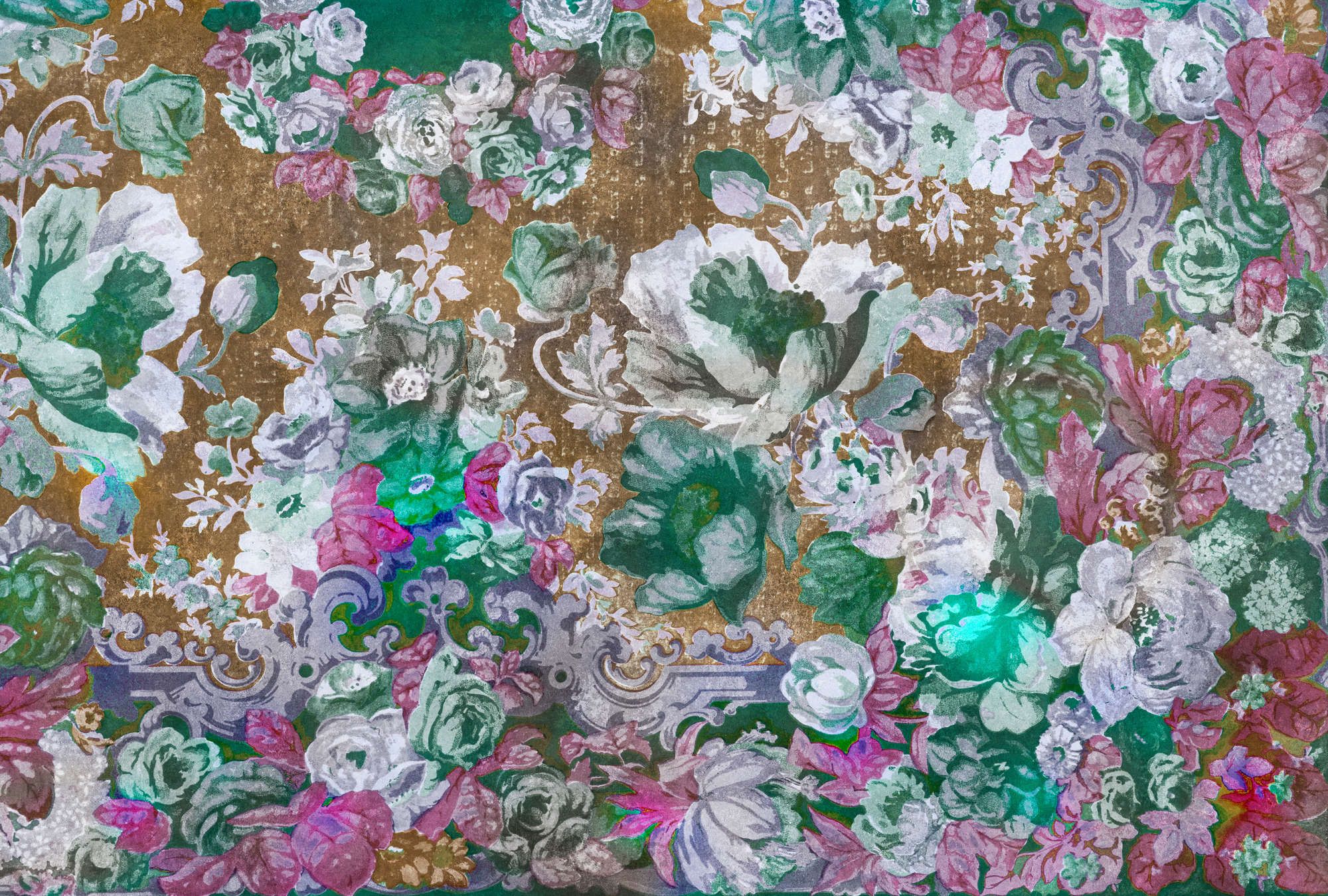             Photo wallpaper »carmente 1« - Classic style floral pattern against a vintage plaster texture - Colourful | Smooth, slightly shiny premium non-woven fabric
        