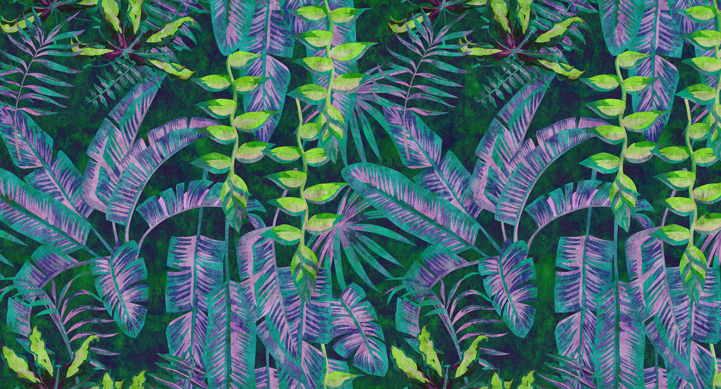             Tropicana 5 - Carta da parati Jungle con colori neon in struttura di carta assorbente - Blu, Verde | Vello liscio perlato
        