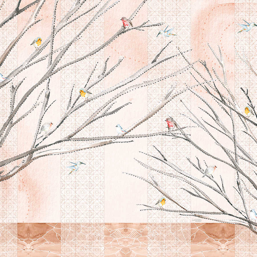 Artistic mural trees with birds in beige and brown on textured nonwoven
